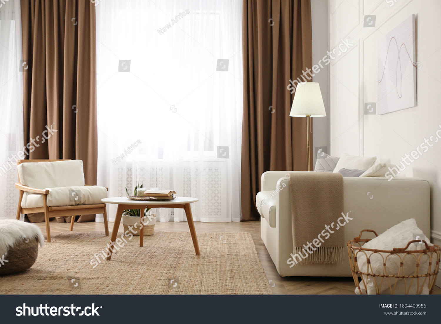 Modern furniture and window with curtains in stylish room interior #1894409956