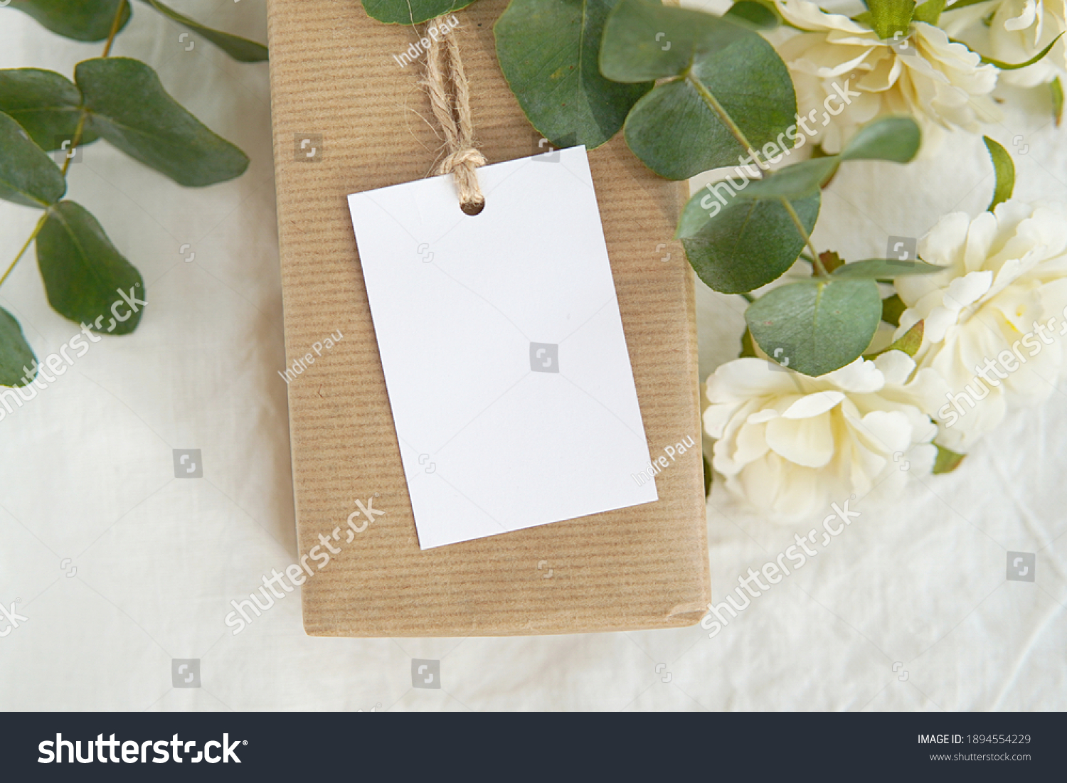 Thank you gift tag mockup for wedding, bridal shower, rustic wedding favor tag, rectangle  label mock up on kraft paper box, eucalyptus branches, white flowers. #1894554229