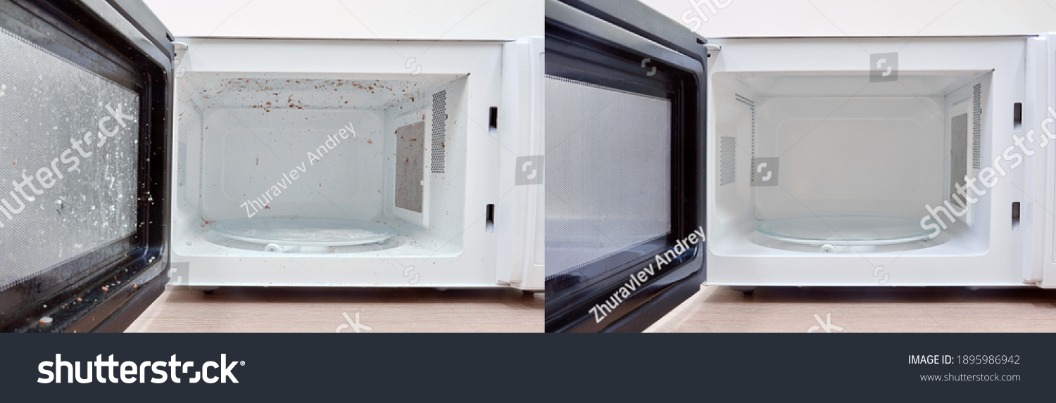 Clean niche and door of the microwave oven after washing. Kitchen appliances before and after washing and cleaning. #1895986942
