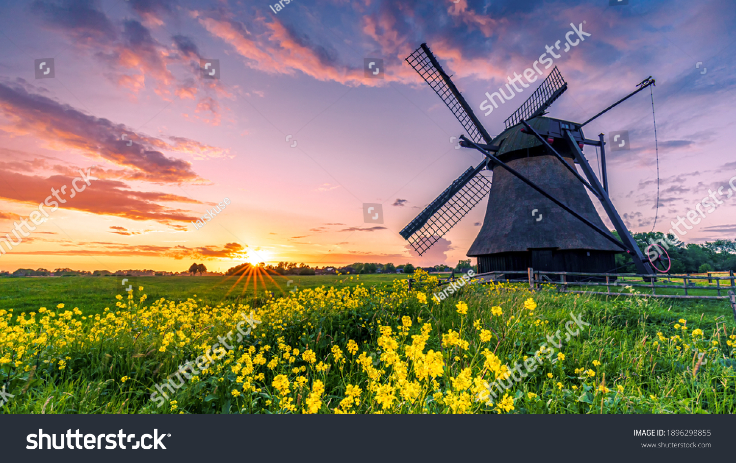 Water scoop mill in east friesland north germany, Traditional windmill in the sunset on a field #1896298855