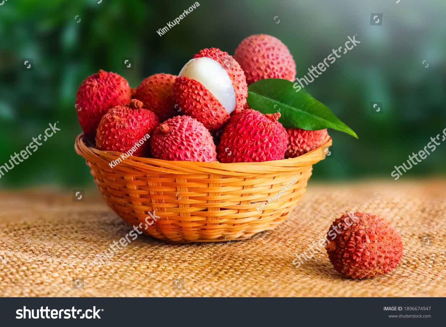 Front view of fresh ripe lychee fruit and peeled lychee with green leaves on wooden bowl and blur garden background.  #1896674947