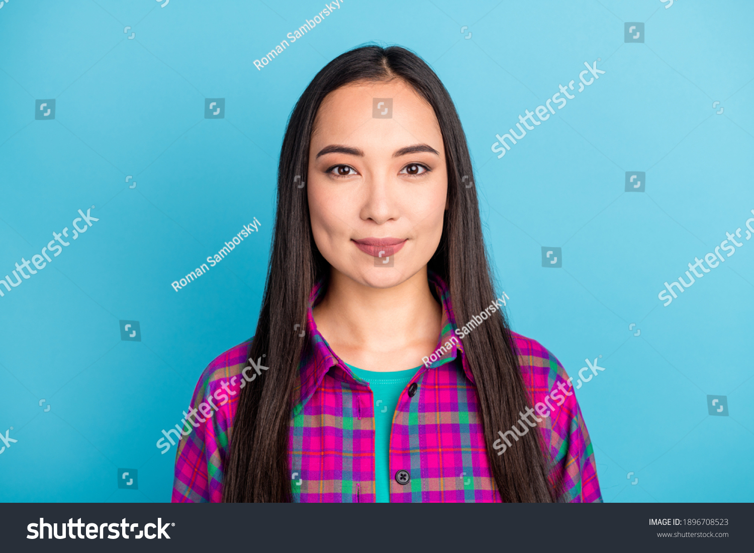 Photo of gorgeous person tender smile look camera wear purple checkered clothing isolated on blue color background #1896708523