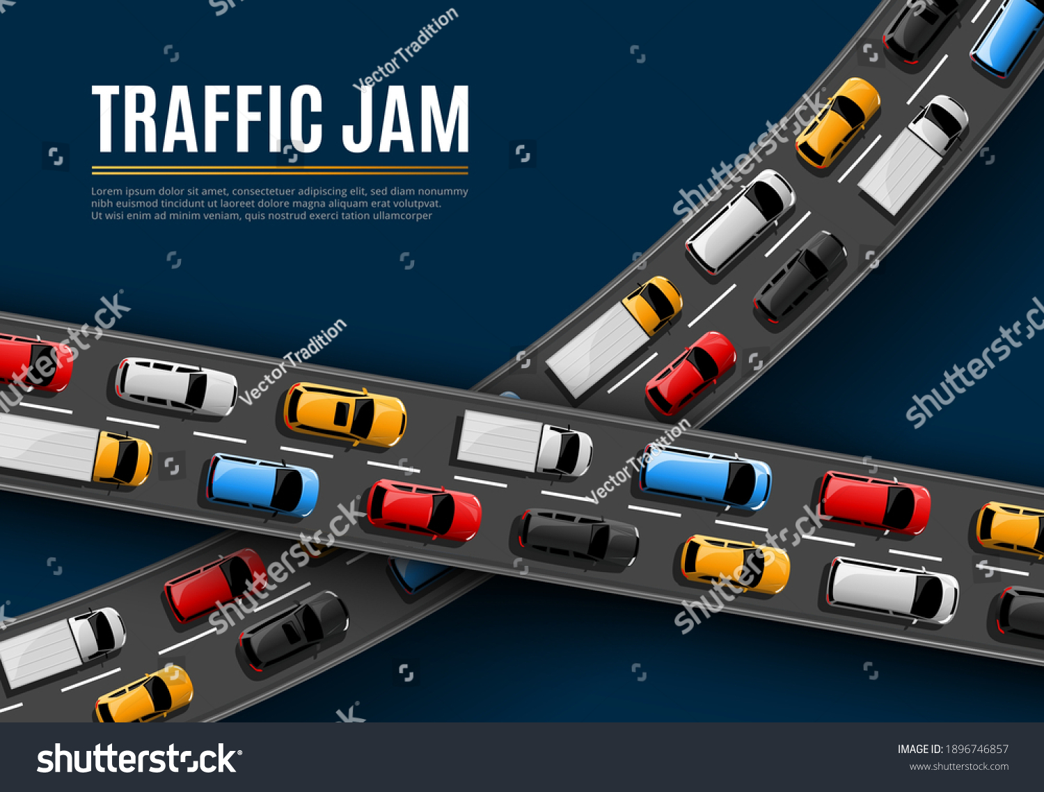 Traffic jam vector poster with cars driving on road top view. Rush hour in city, vehicles on two lane highway. Automobiles stand in rows, traffic jam problem of megalopolis, transport congestion #1896746857