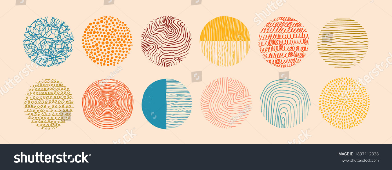 Set of round Abstract colorful Backgrounds or Patterns. Hand drawn doodle shapes. Spots, drops, curves, Lines. Contemporary modern trendy Vector illustration. Posters, Social media Icons templates #1897112338