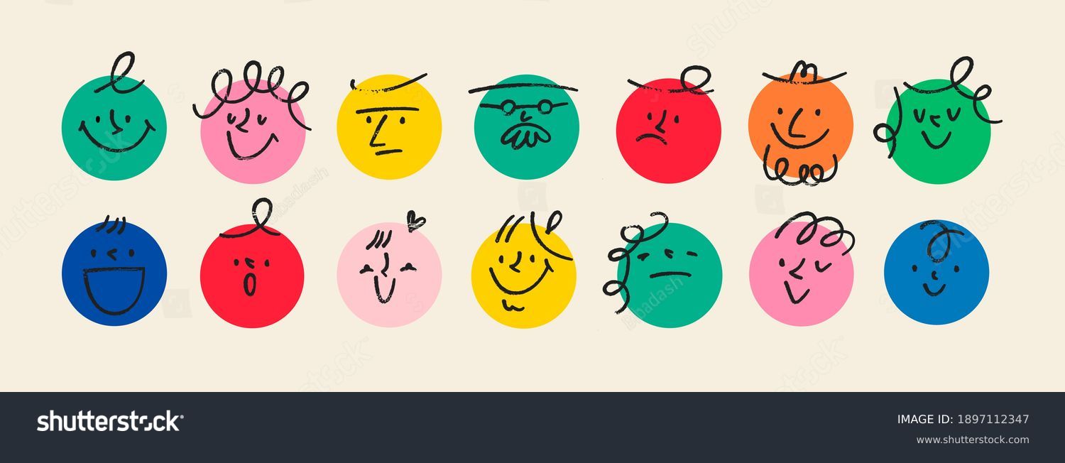 Round abstract comic Faces with various Emotions. Crayon drawing style. Different colorful characters. Cartoon style. Flat design. Hand drawn trendy Vector illustration. #1897112347