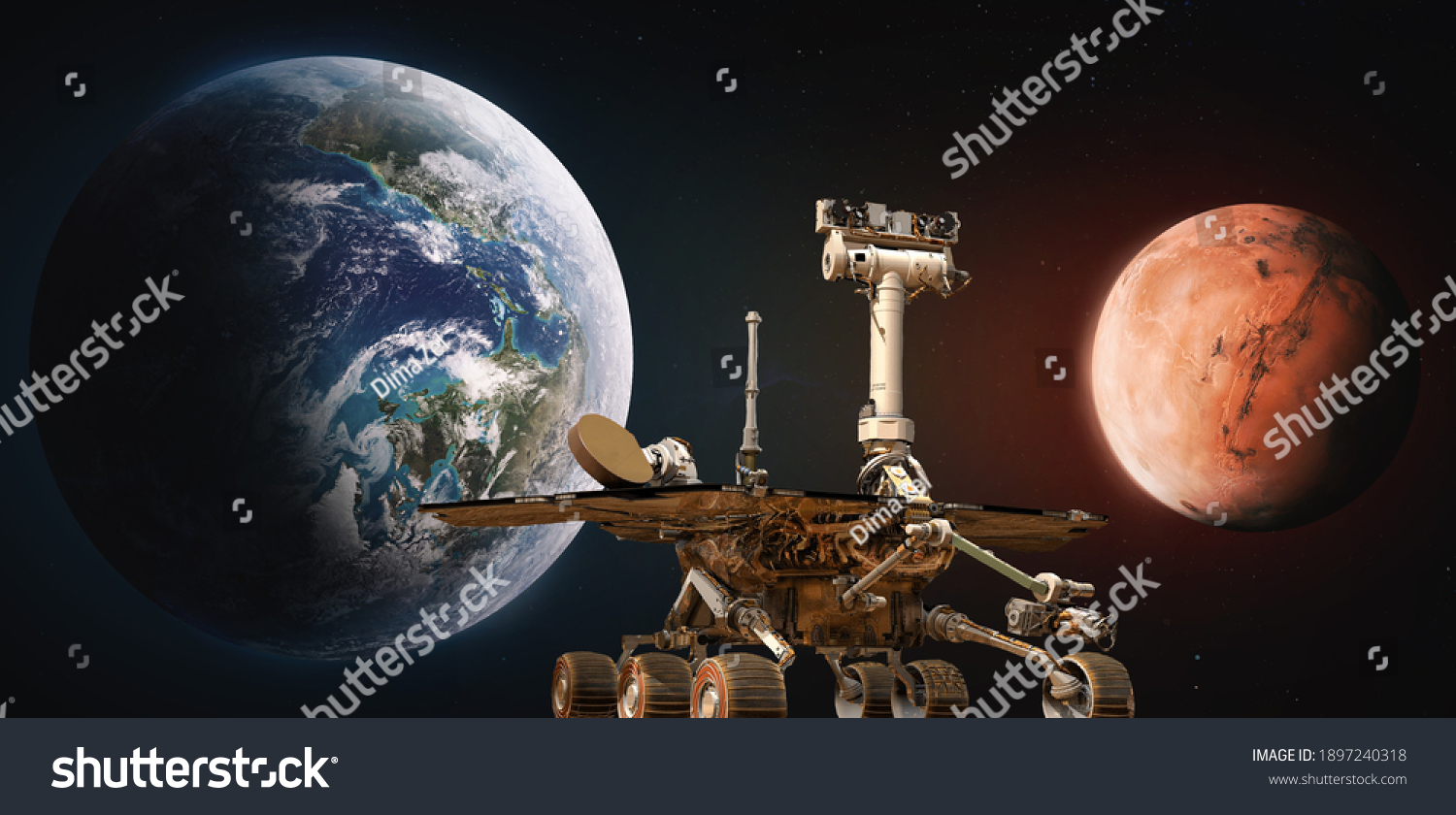 Earth and Mars planet. Rover Perseverance. Space mission to red planet. Exploration. Elements of this image furnished by NASA. #1897240318