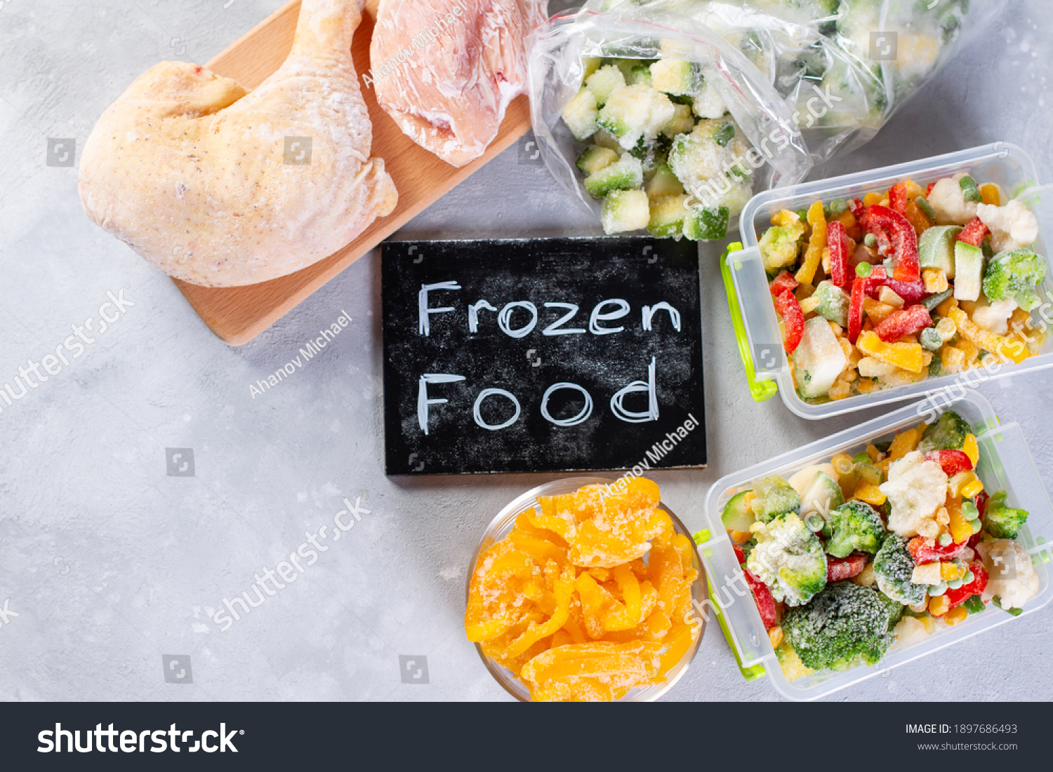 Frozen food, vegetables and meat. Place for text. Copy space. Top view #1897686493