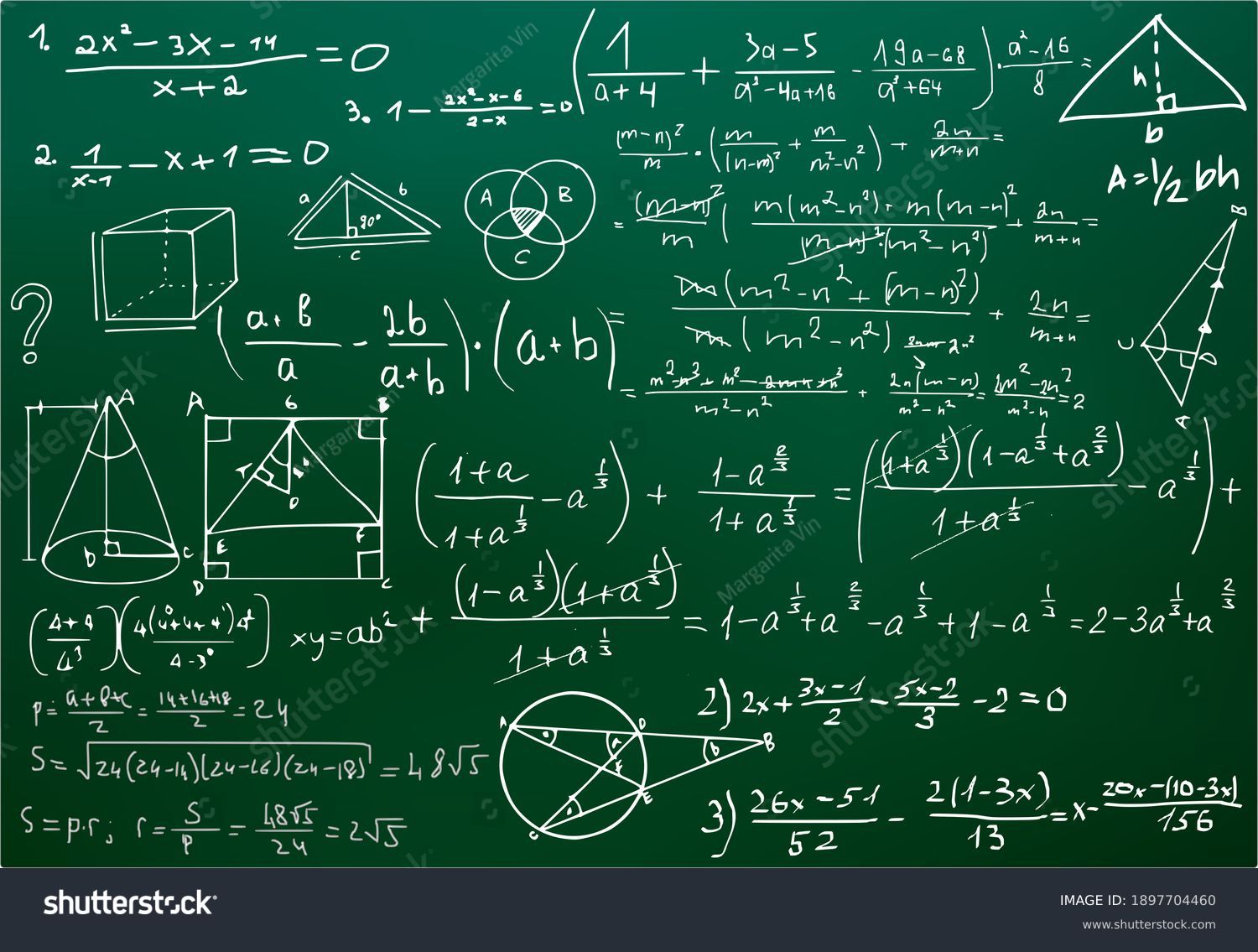 Chalk scribbles on a math board. Blackboard, formulas, shapes, geometry. The concept of education. Illustrations can be used to return to the school topic, algebra, natural sciences #1897704460
