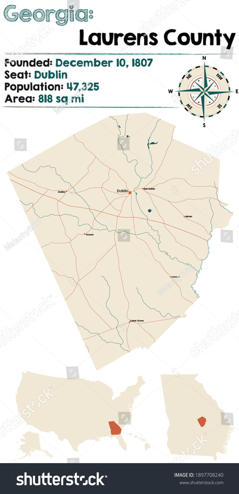 Large and detailed map of Laurens county in - Royalty Free Stock Vector ...