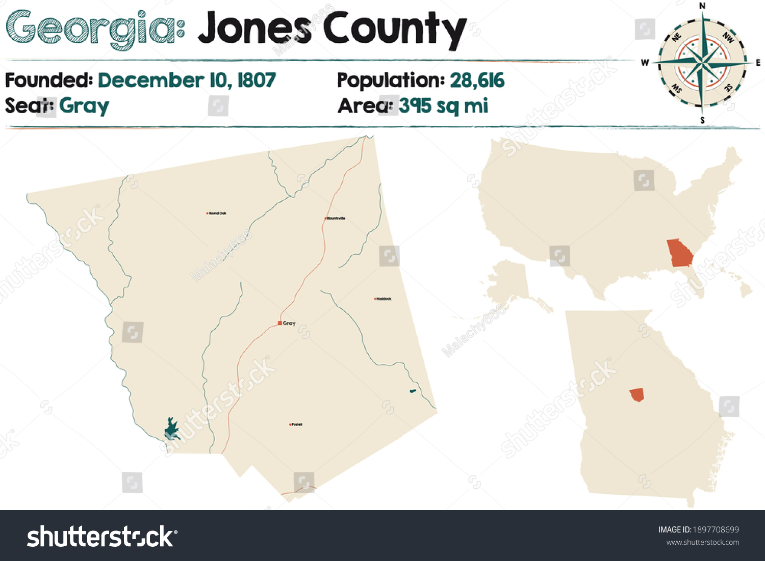 Large and detailed map of Jones county in - Royalty Free Stock Vector ...