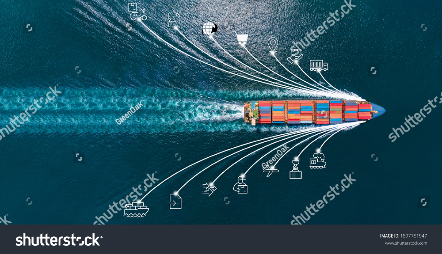 webinar banner, Aerial top view of cargo ship with contrail and smart icons on the ocean sea , ship carrying container export from container custom ocean concept freight shipping forwarder mast #1897751947