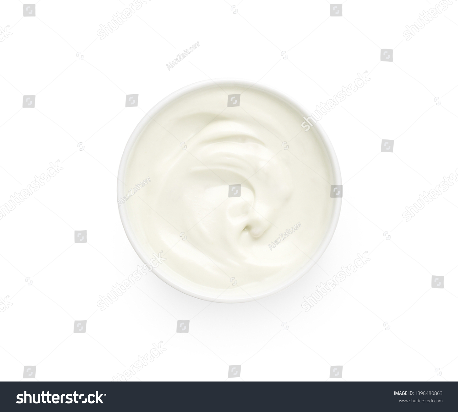 Bowl of white creamy yogurt isolated on white background, top view, flat lay #1898480863