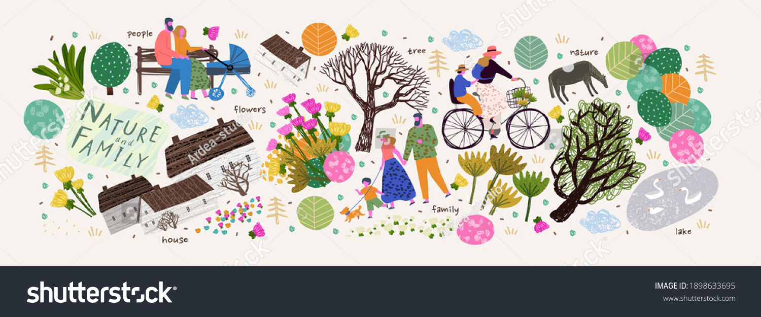 Nature, family and people. Vector illustration of a house, lake, village, tree and flowers. Drawings and objects for poster, background or pattern #1898633695