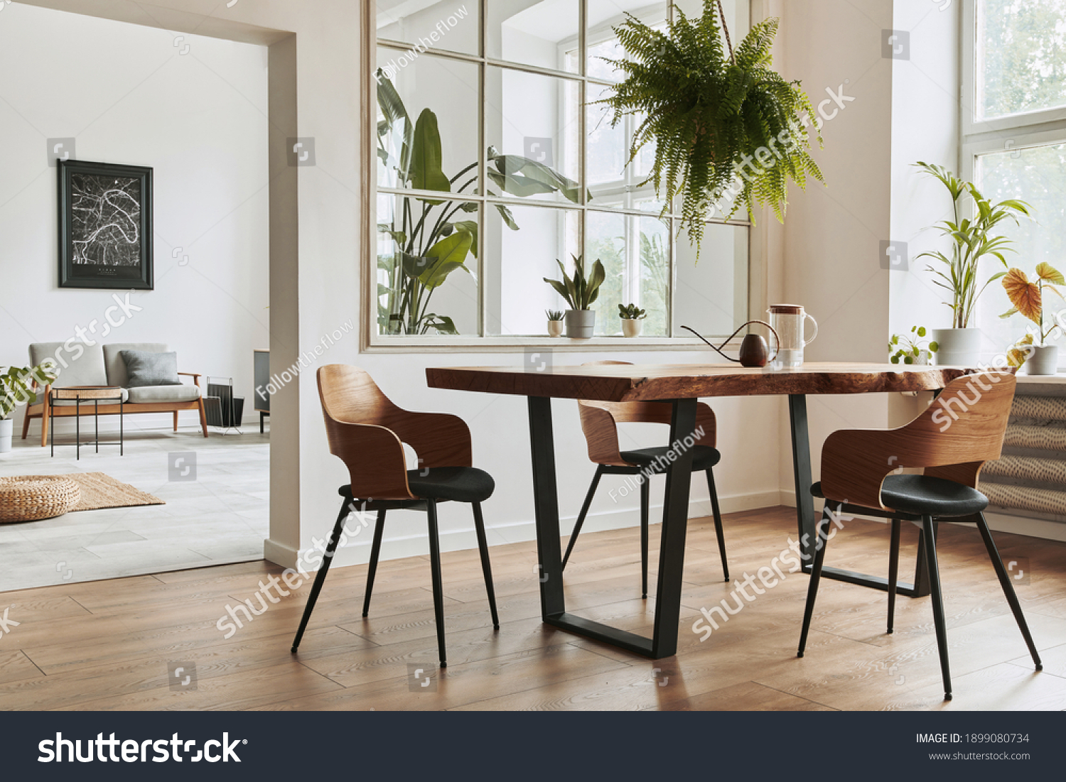 Stylish and botany interior of dining room with design craft wooden table, chairs, furniture, a lof of plants, window, poster map and elegant accessories in modern home decor. Template. #1899080734