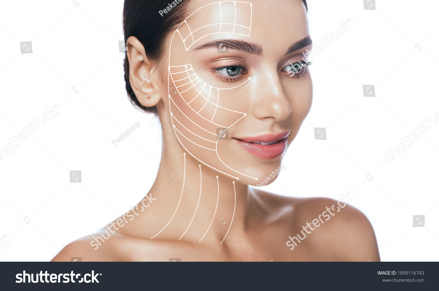 Lifting lines, advertising of face contour correction, skin and neck lifting. Facial rejuvenation concept, cosmetology #1899116743