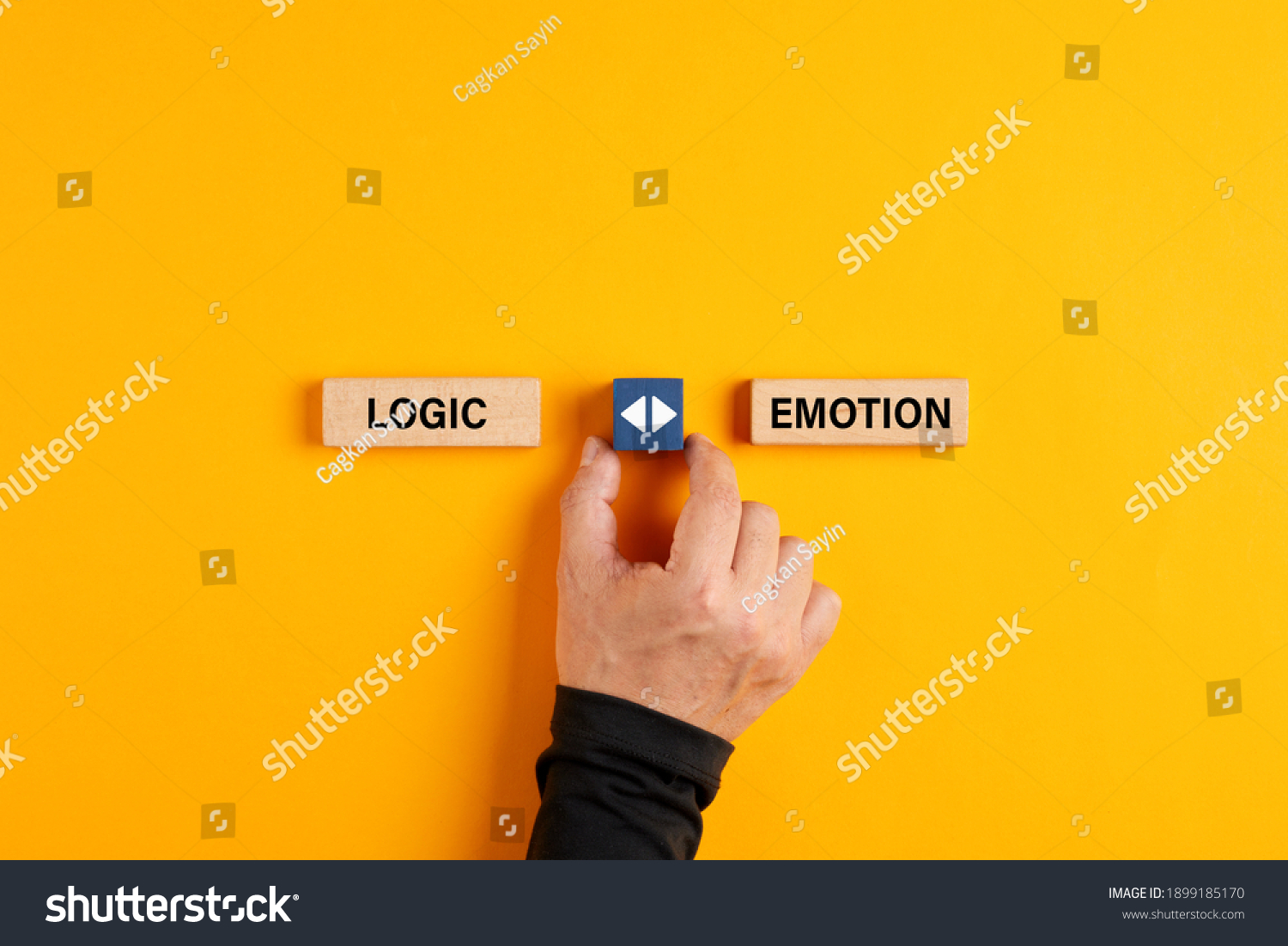 Male hand holds a wooden cube with arrow icon between the options of logic or emotion. Emotional or logical decision making concept.

 #1899185170