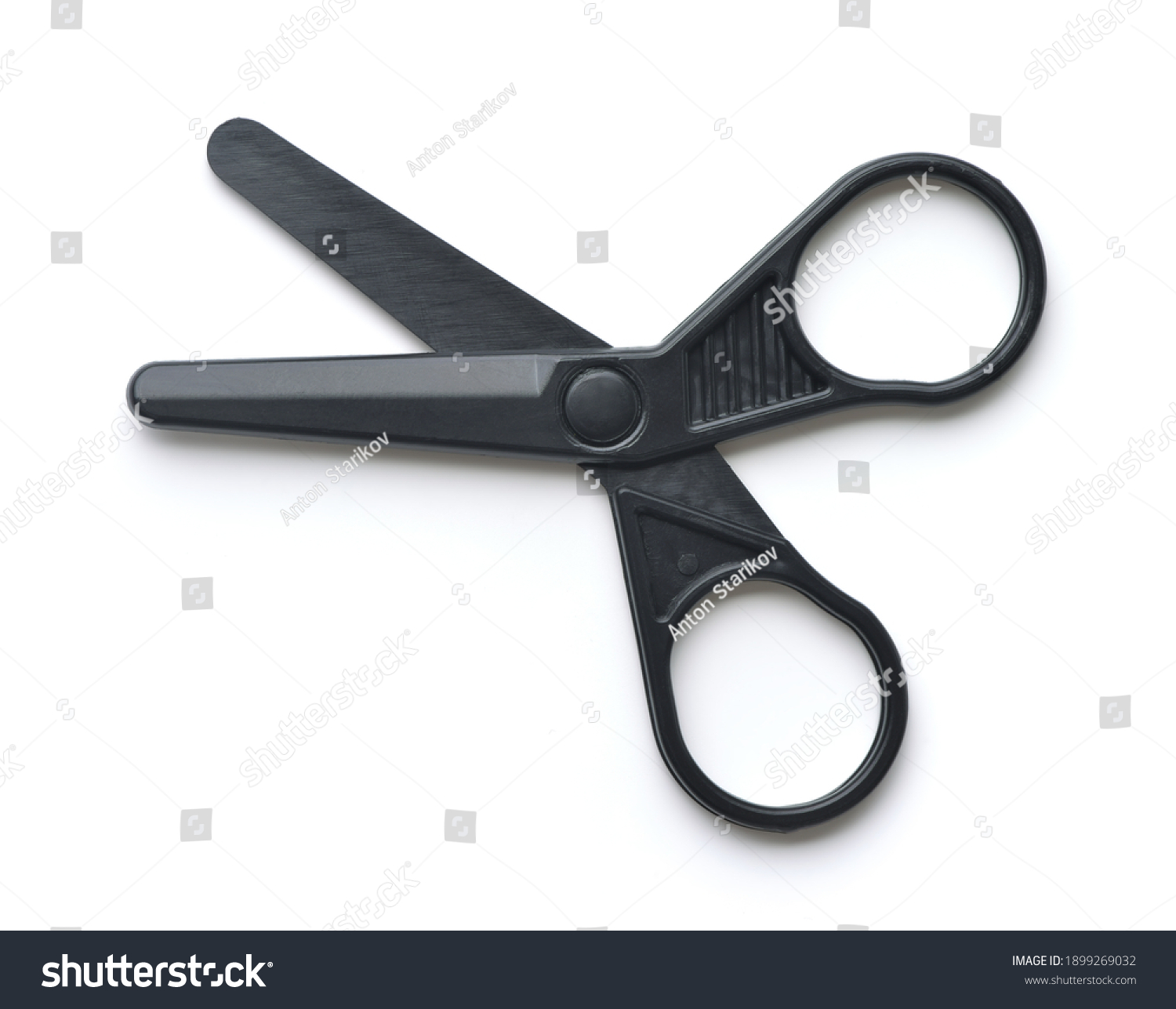Top view of black plastic safety scissors isolated on white #1899269032