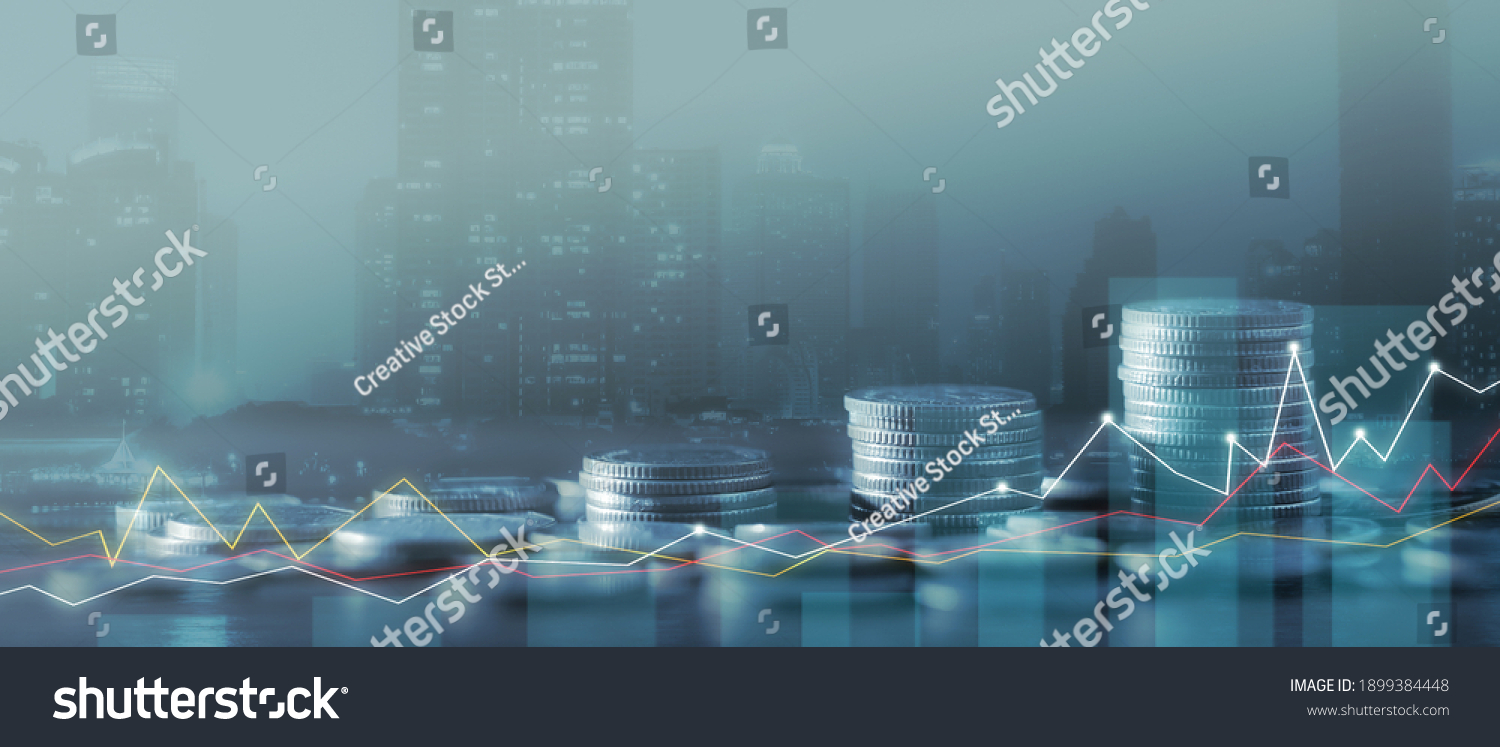 Financial investment concept, Double exposure of city night and stack of coins for finance investor, Forex trading candlestick chart economic, ECN Digital economy, business, money, passive income. #1899384448