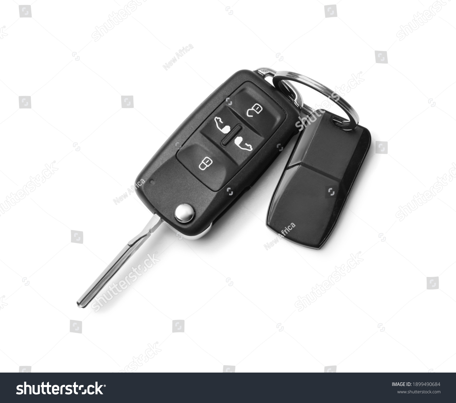Modern car flip key with trinket isolated on white, top view #1899490684