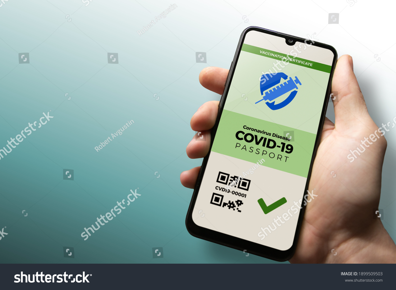 Vaccination passport for COVID-19 displayed on smartphone held in male's hand with copy space. Vaccination, disease immunity passport, health and surveillance concepts #1899509503