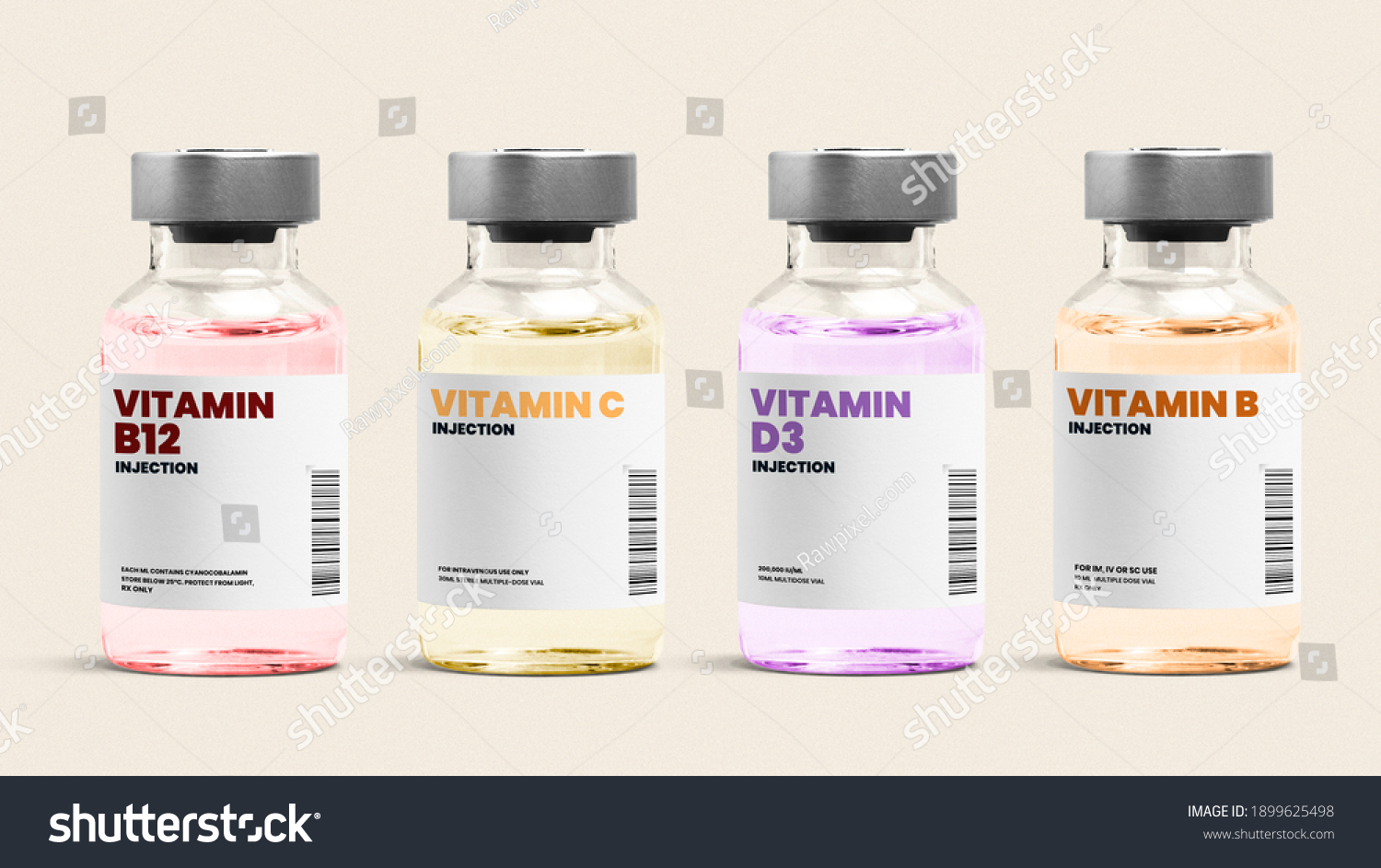 Vitamin injection glass bottles on beige background #1899625498