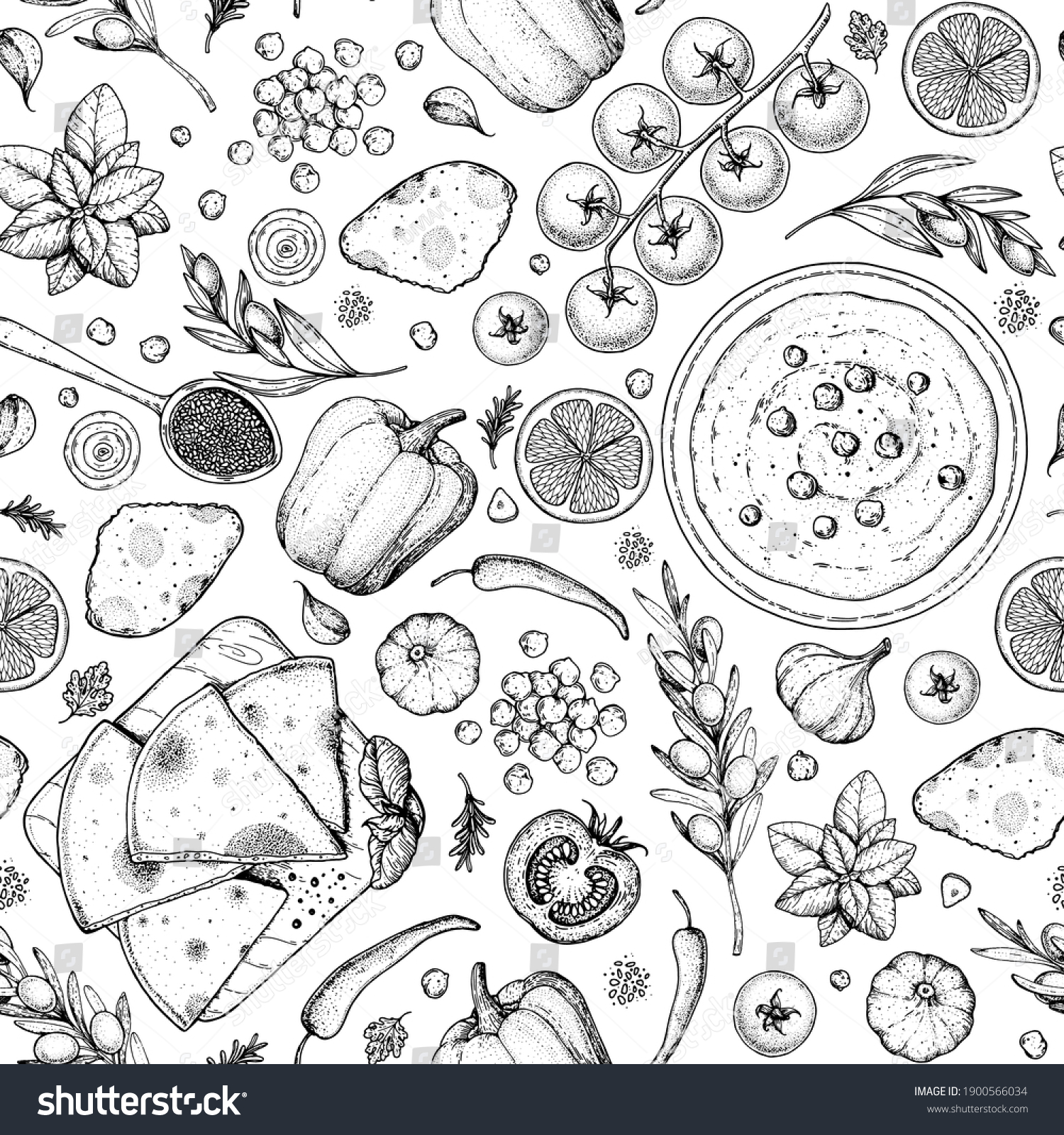 Hummus cooking and ingredients for hummus, sketch illustration. Seamless pattern Middle eastern cuisine frame. Healthy food, design elements. Hand drawn, package design. Mediterranean food. Vegan menu #1900566034