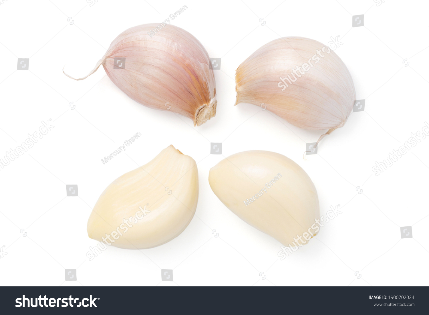 Top view fresh peeled garlic cloves, bulb  with garlic slices isolated on white background. clipping path. #1900702024