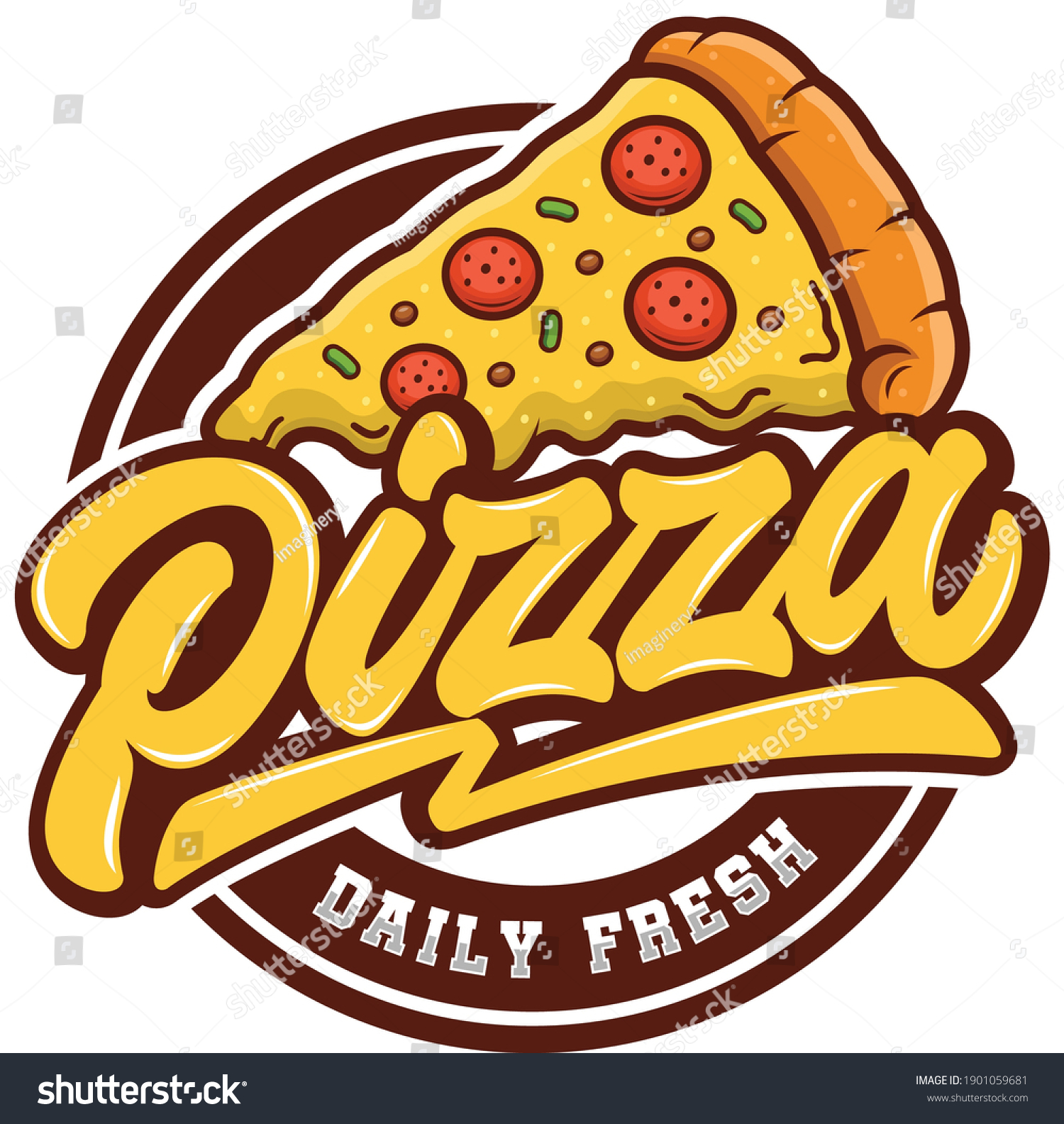 Pizza Daily Fresh Vector Emblem on blackboard. Pizza logo template. Vector emblem for cafe, restaurant or food delivery service. #1901059681