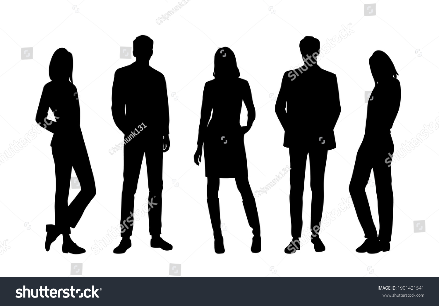 Vector silhouettes of  men and a women, a group of standing  business people, black  color isolated on white background #1901421541