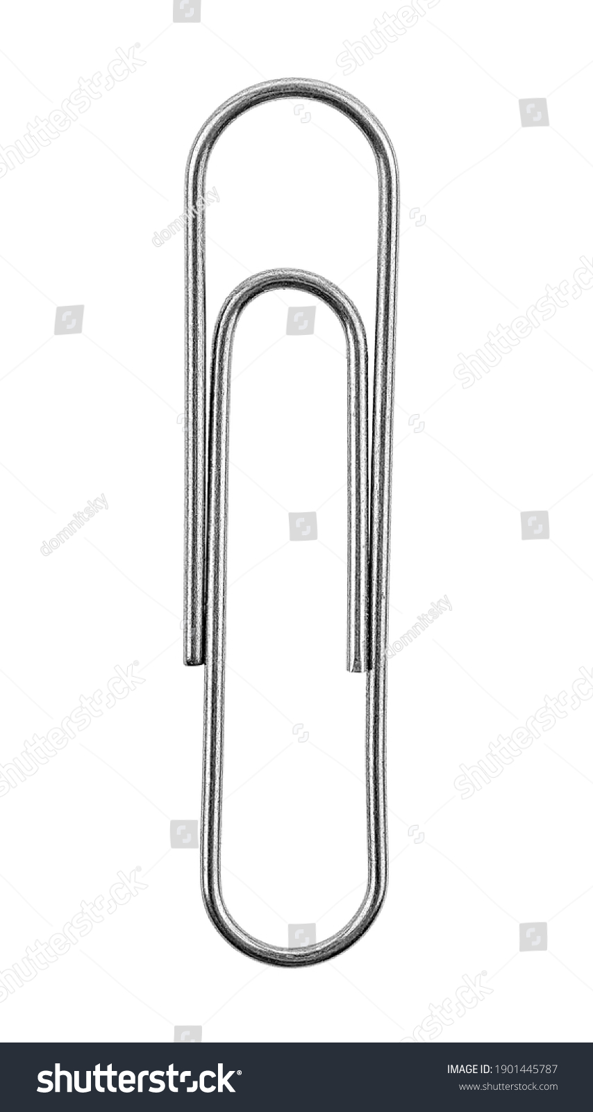 Silver paper clip isolated on a white background, top view. #1901445787