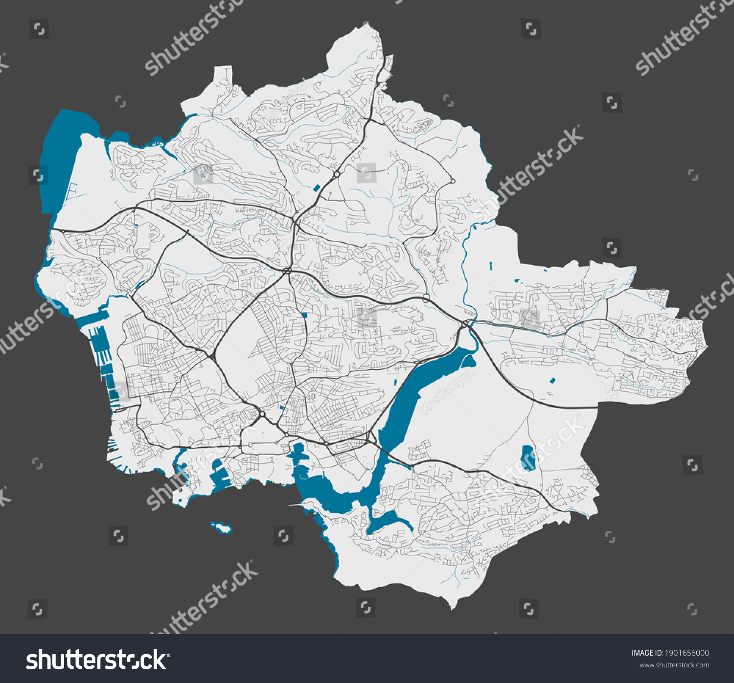 Plymouth map. Detailed map of Plymouth city - Royalty Free Stock Vector 