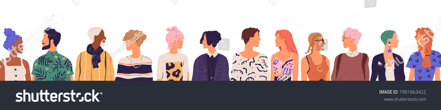 People of younger generation. Crowd of diverse young modern men and women isolated on white background. Friends communicating together standing in a row. Colored flat vector illustration #1901663422
