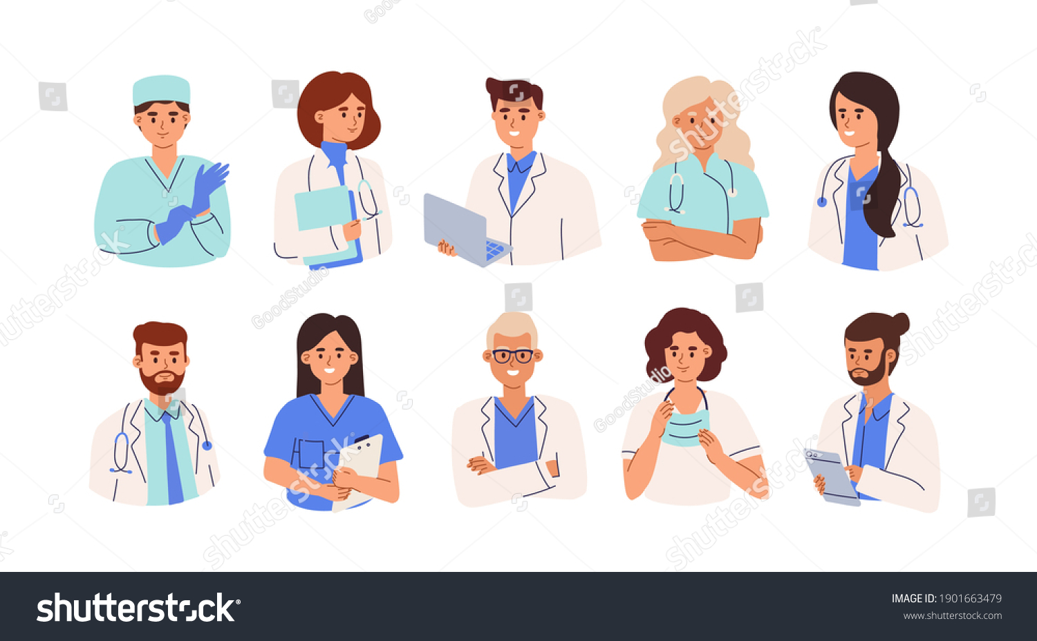 Set of smiling doctors, nurses and paramedics. Portraits of male and female medic workers in uniform with stethoscopes, masks and gloves. Flat cartoon vector illustration isolated on white background #1901663479
