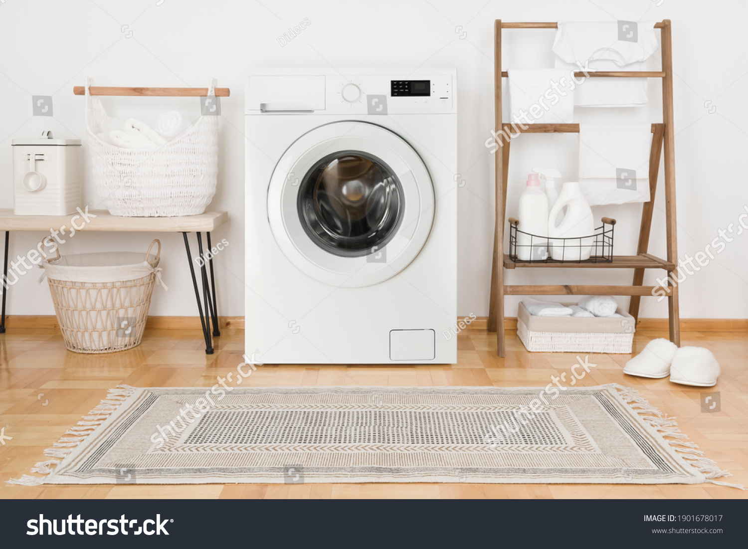 Domestic room with washing machine, baskets and laundry essential things #1901678017