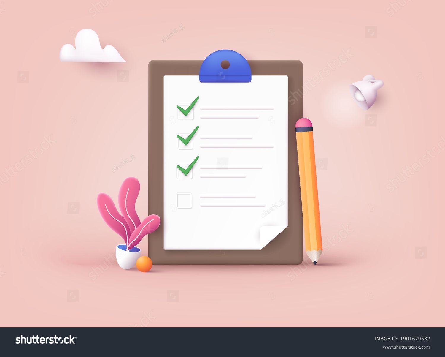 Checklist on a clipboard paper. Successful completion of business tasks. 3D Web Vector Illustrations. #1901679532