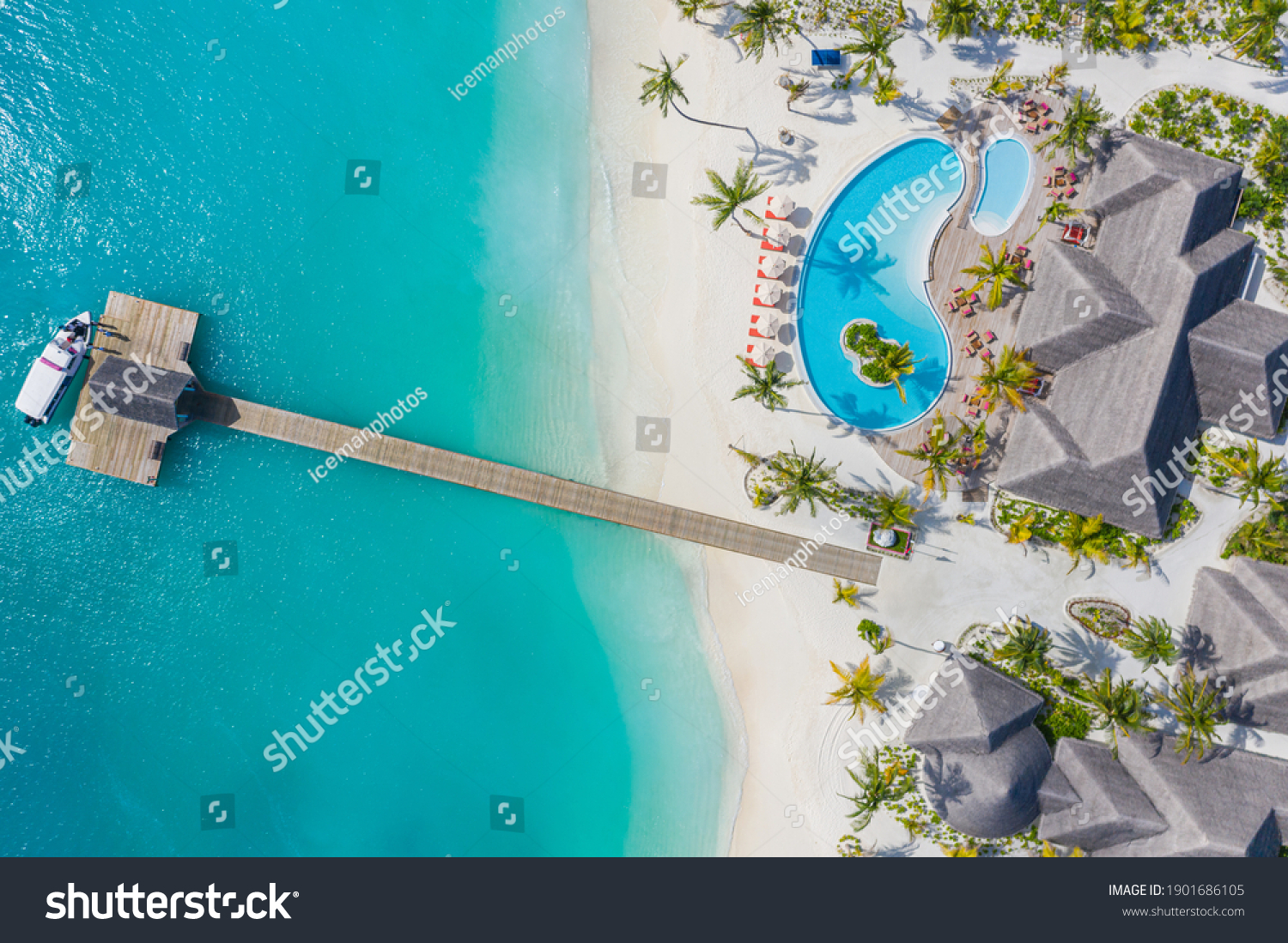 Aerial photo of beautiful Maldives paradise tropical beach. Amazing view, blue turquoise lagoon water, palm trees and white sandy beach. Luxury travel vacation destination. Sunny aerial landscape #1901686105