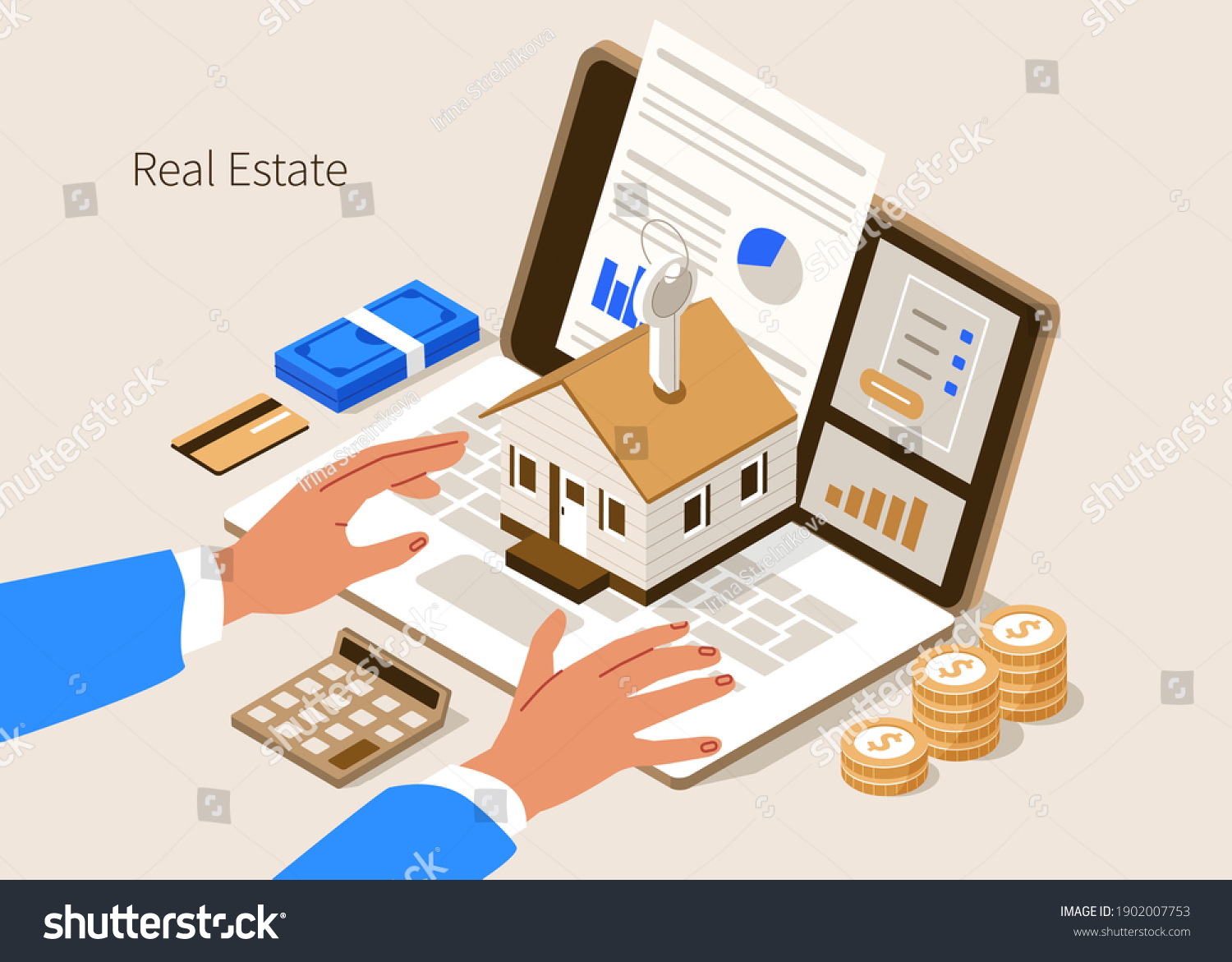 Character Buying new Home with Mortgage Approval Documents on Screen. People Invest Money in Real Estate Property. House Loan, Rent and Mortgage Concept. Flat Isometric Vector Illustration. #1902007753