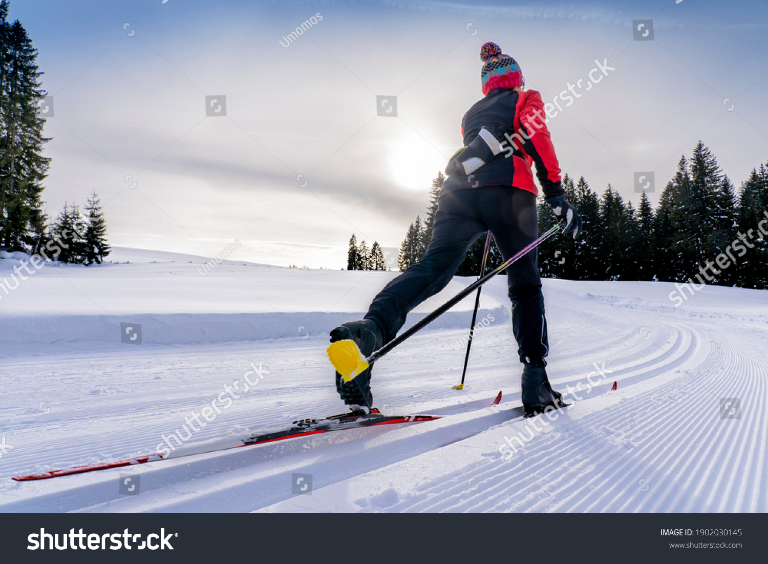 beautiful active senior woman cross-country skiing in fresh fallen powder snow in the Allgau alps near Immenstadt, Bavaria, Germany #1902030145
