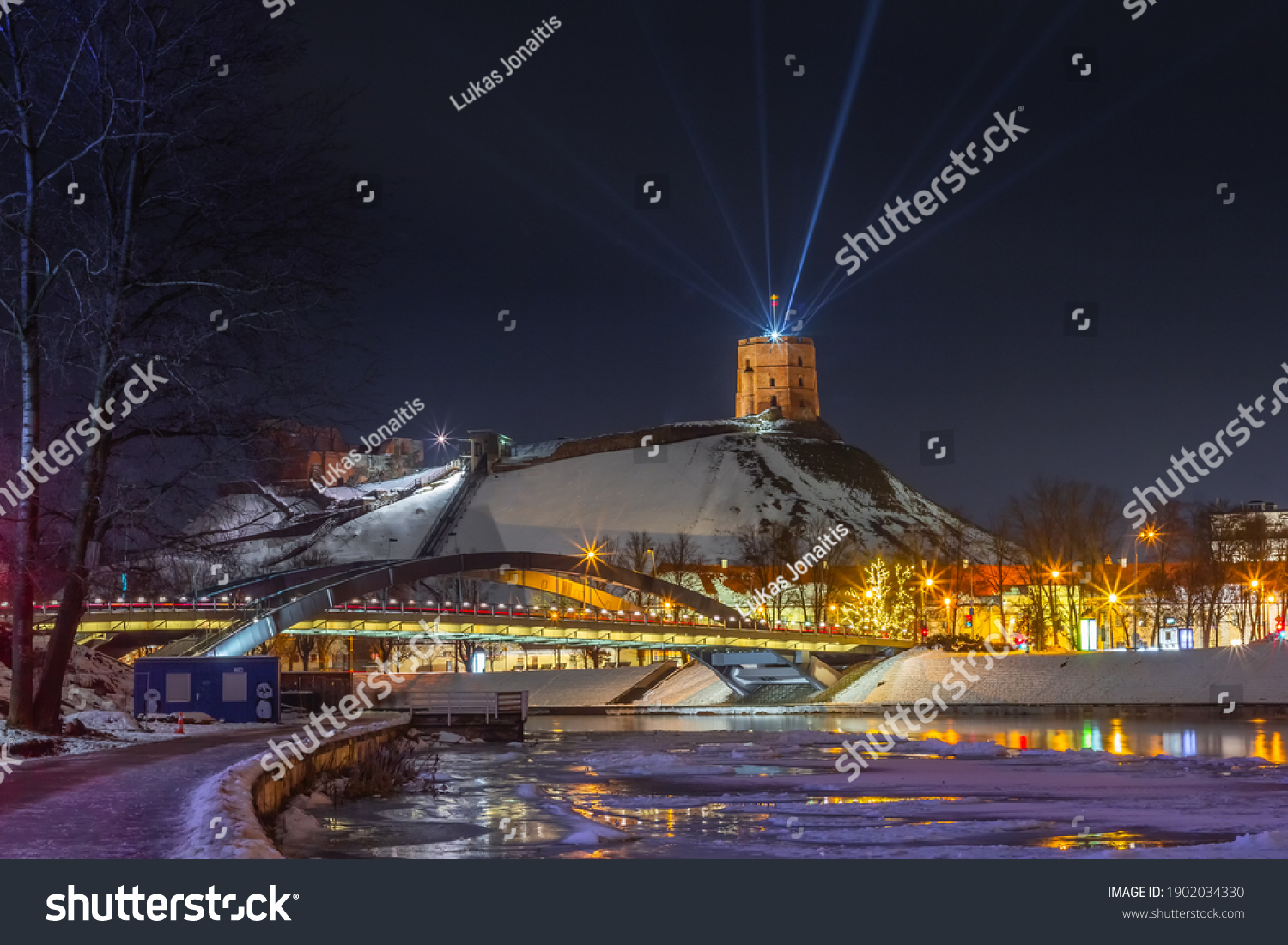 Vilnius, Lithuania - January 25, 2021: Vilnius main symbol, Gediminas castle illuminated for 698 city birthday celebrations #1902034330