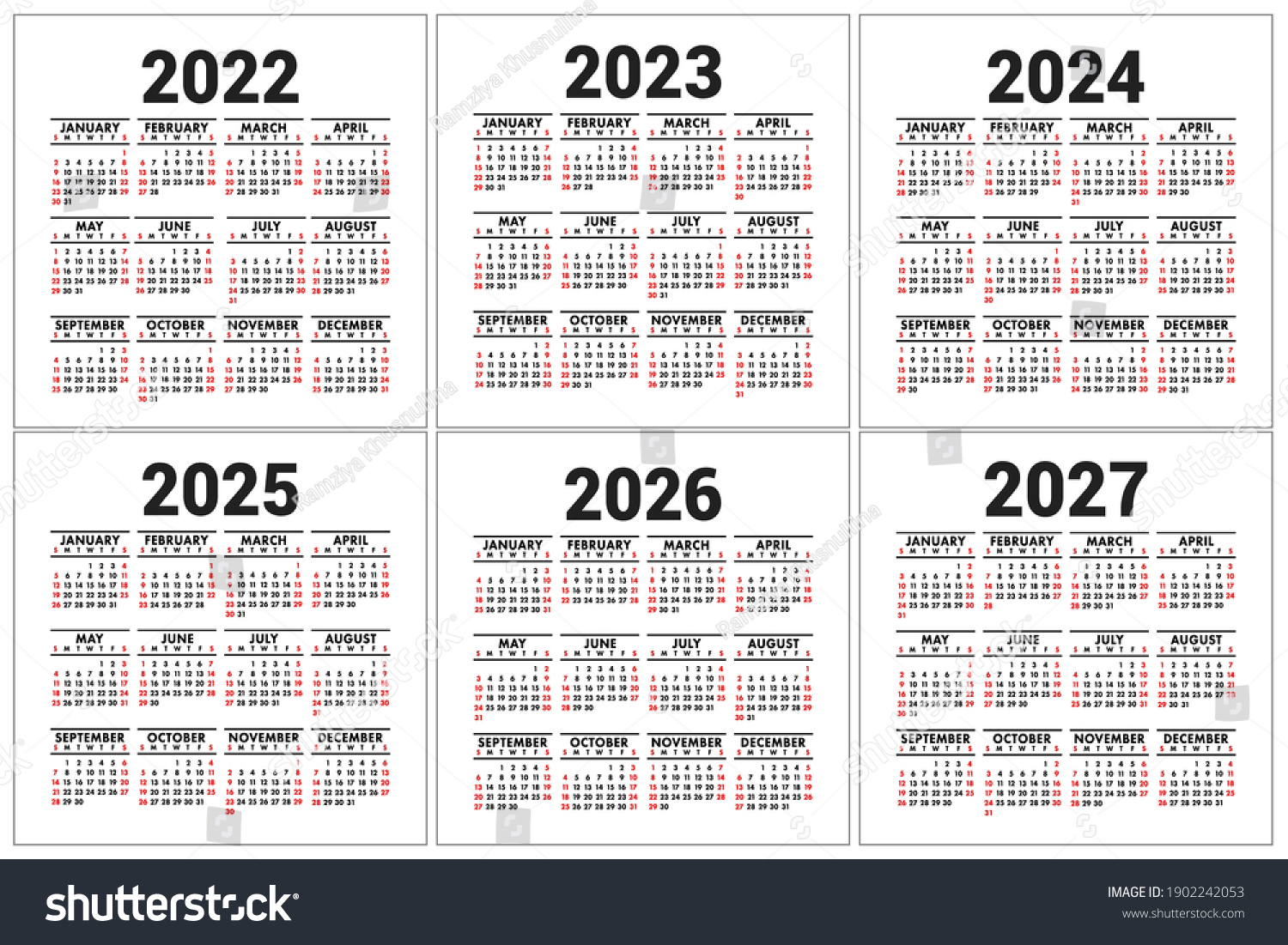 Calendar 2022 2023 2024 2025 2026 And 2027 Royalty Free Stock