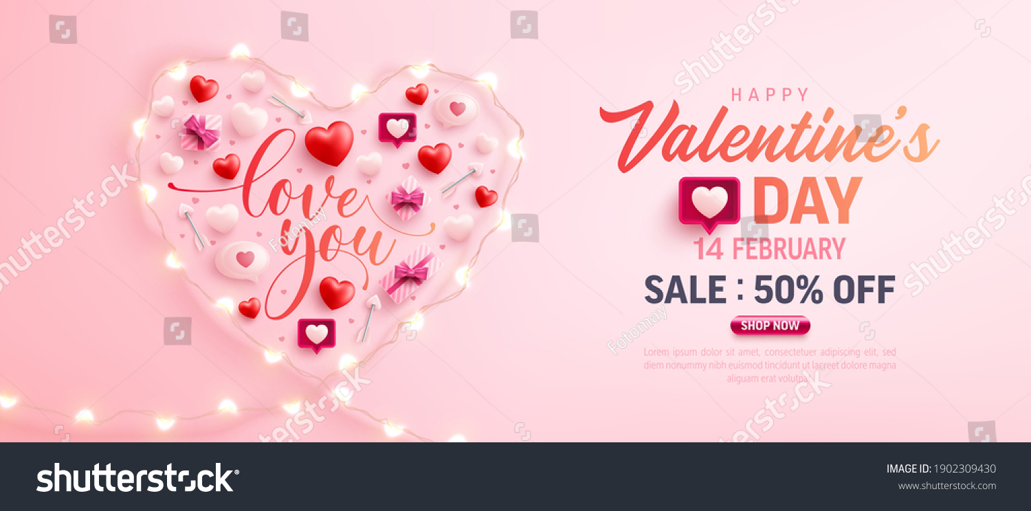 Happy Valentine's Day Sale Poster or banner with symbol of heart from LED String lights and valentine elements on pink background. Promotion and shopping template for love and Valentine's day concept #1902309430