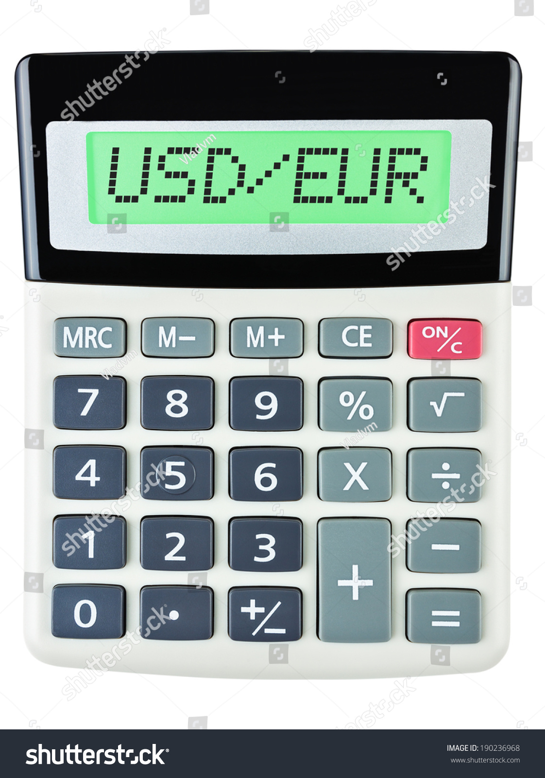Calculator with USD/EUR on display on white background #190236968