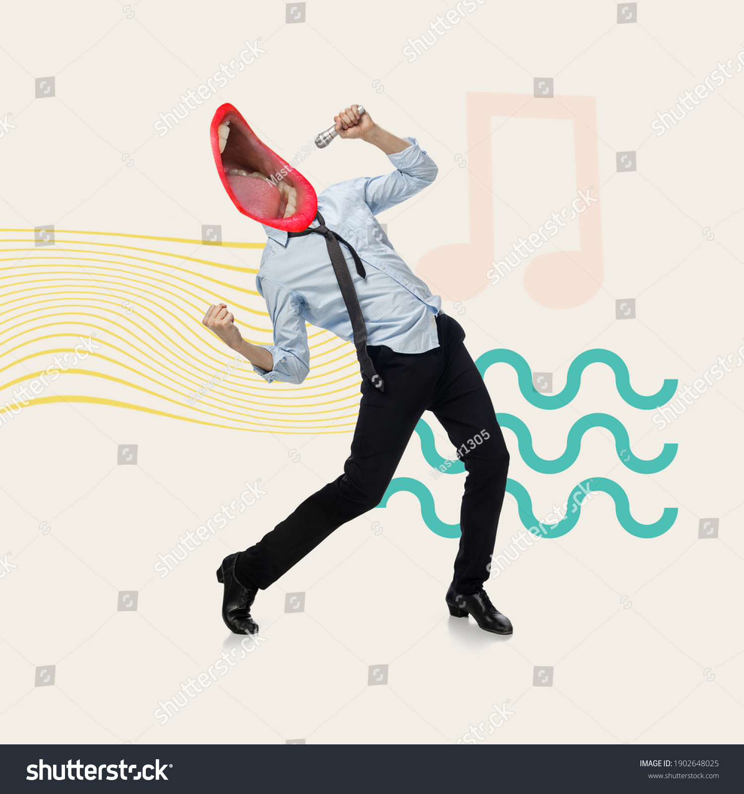 Manager's dreams. Office man headed by big female singing mouth. Copyspace. Modern design. Contemporary art. Creative conceptual and colorful collage surrealism style. Waved geometry background #1902648025