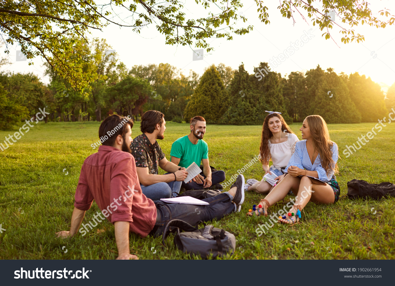A group of young people students communicate sitting on the grass in a summer park at sunset. Friends relax in their free time. #1902661954