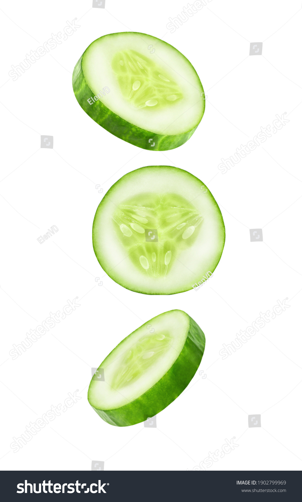 Cucumber slices falling, hanging, flying, soaring isolated on a white background with clipping path. Full depth of field. #1902799969