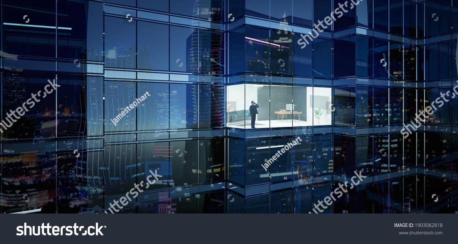 Businessman using mobile phone to talk business in office. View from the outside 3D rendering commercial skyscraper. #1903082818