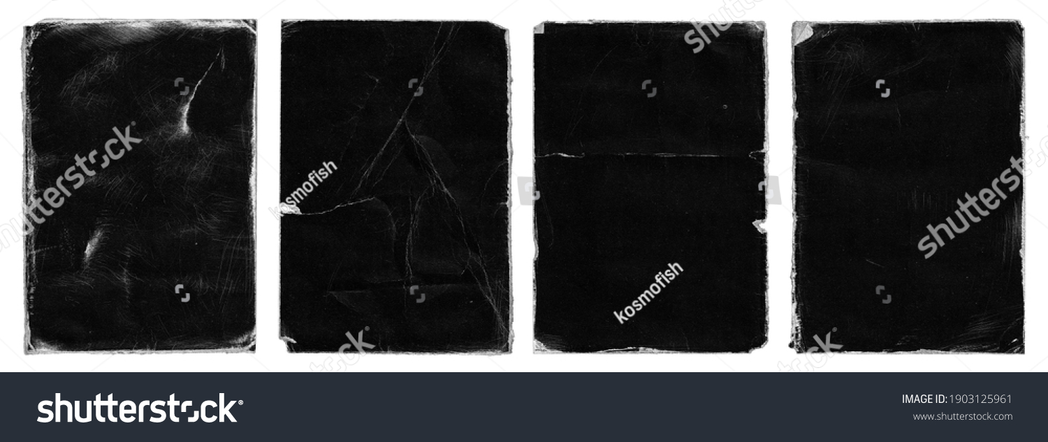 Set of Old Black Empty Aged Damaged Paper Cardboard Photo Card Isolated on White. Rough Grunge Shabby Scratched Torn Ripped Texture. Distressed Overlay Surface for Collage. High Quality. #1903125961
