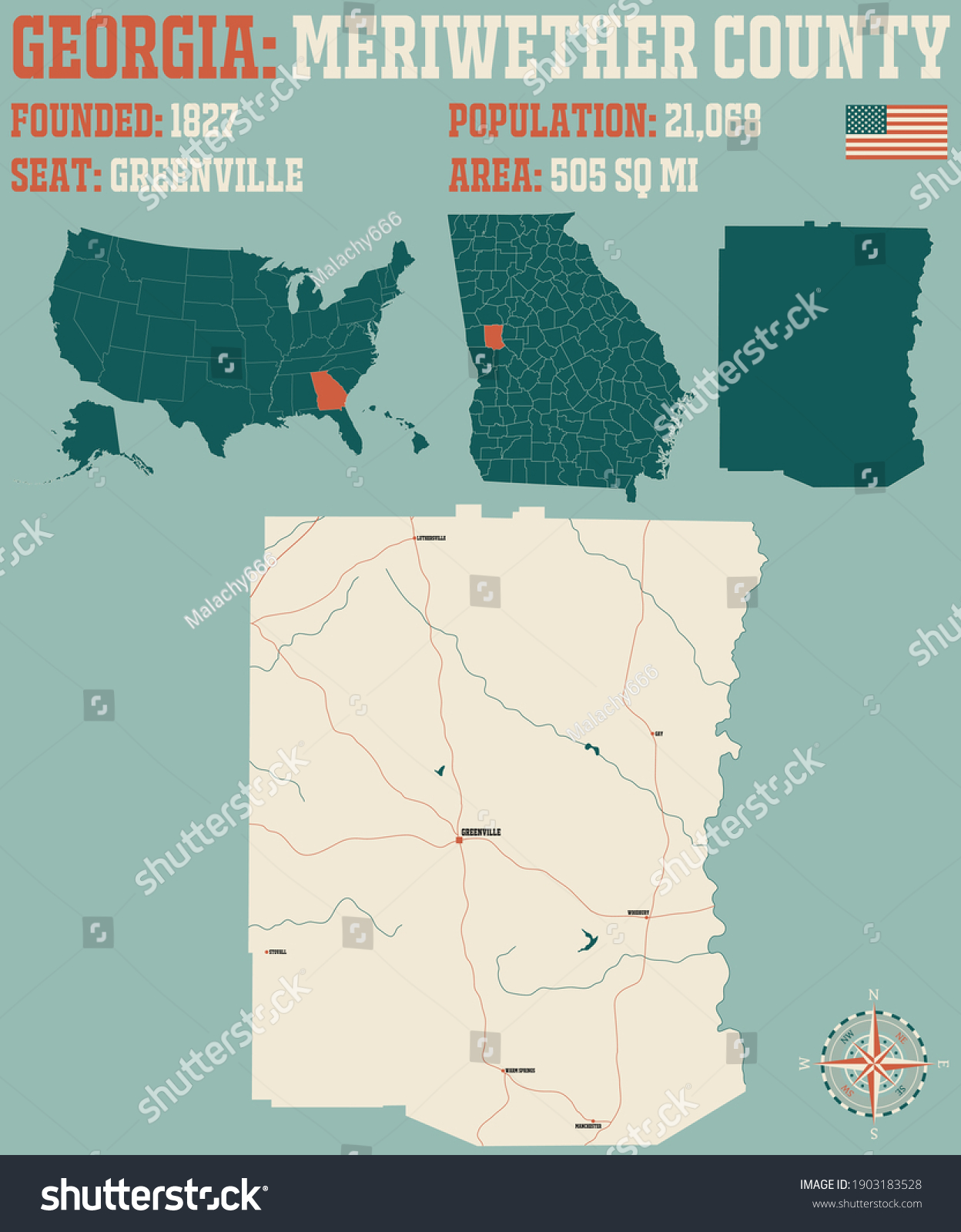 Large and detailed map of Meriwether county in - Royalty Free Stock ...