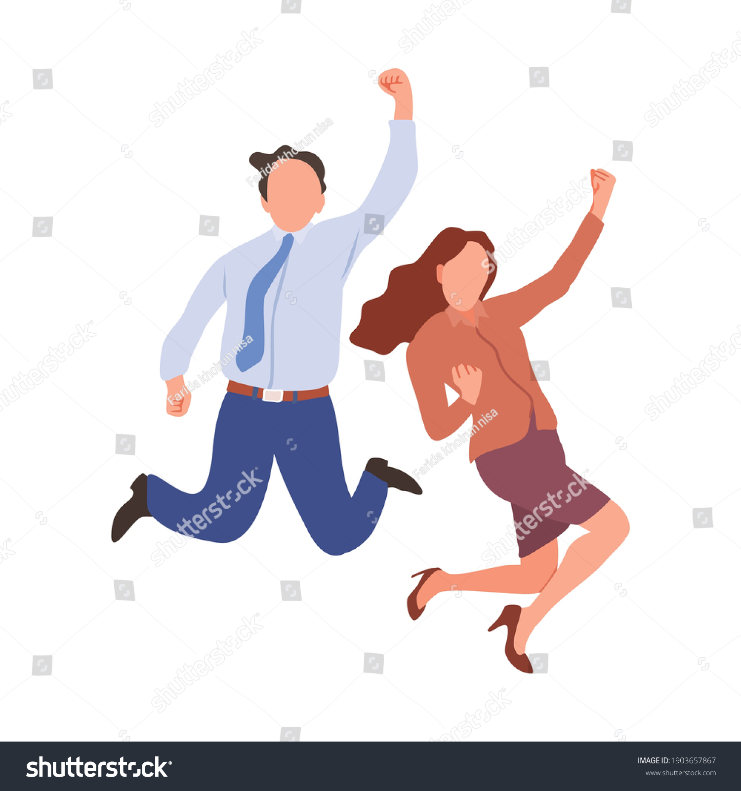 Happy Jumping Office Workers Flat Vector Royalty Free Stock Vector