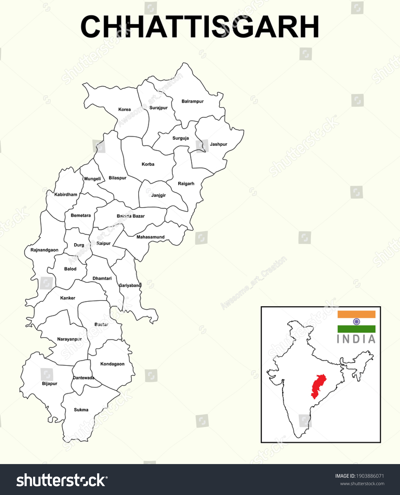 Chhattisgarh map. Political and administrative - Royalty Free Stock ...